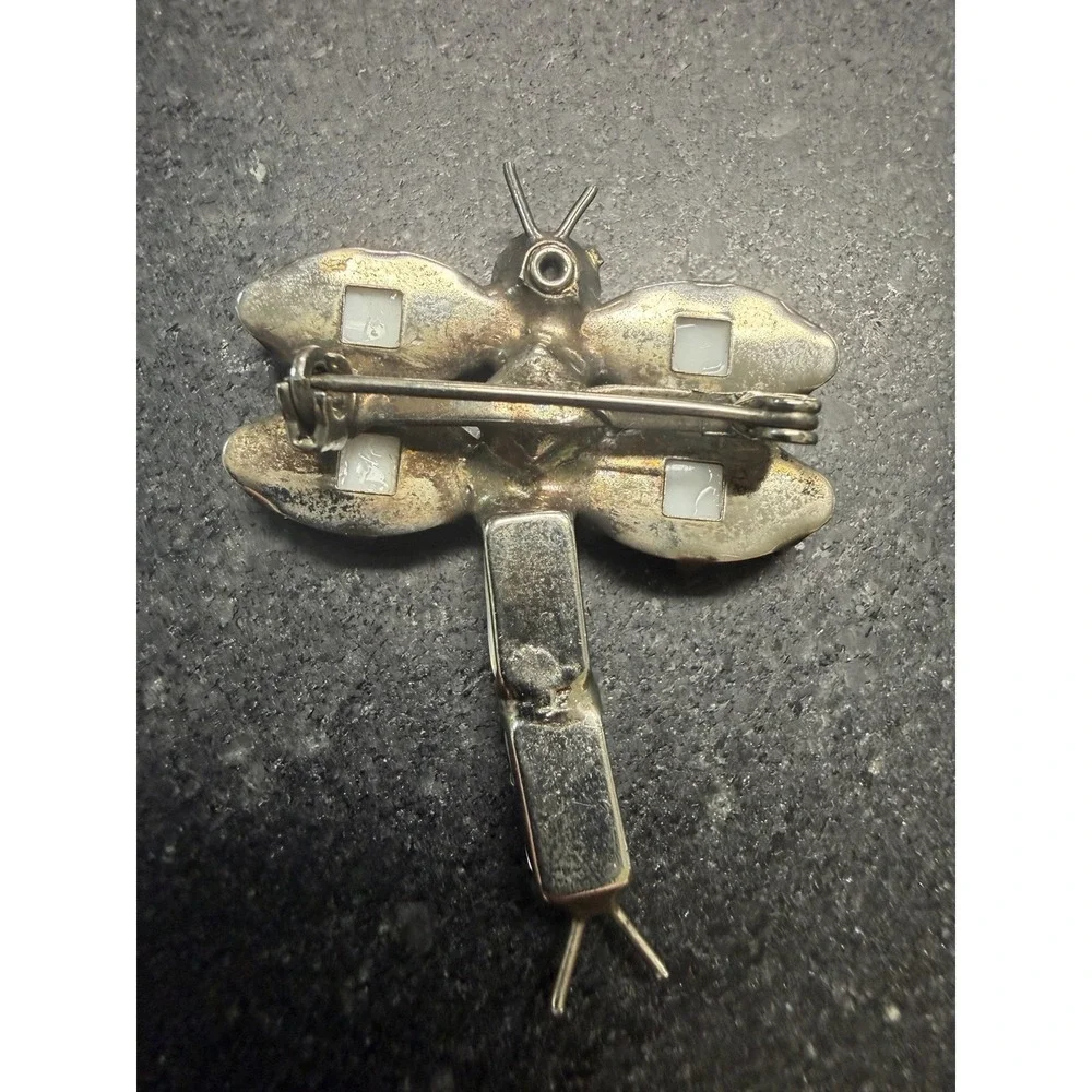 Vintage White Milk Glass Rhinestone Dragonfly Brooch AB‎ Crystal 2